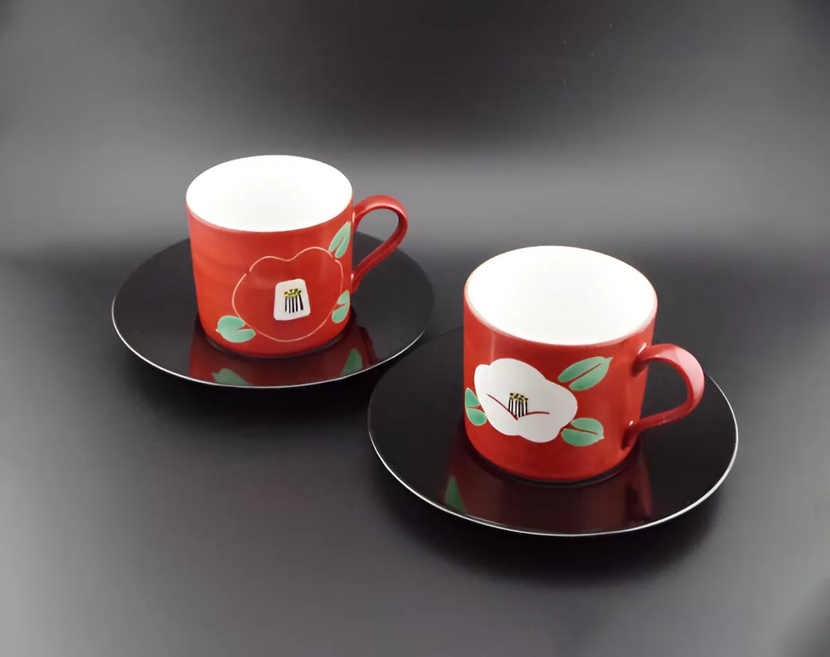 蔵珍窯 赤白椿ペアコーヒー碗皿